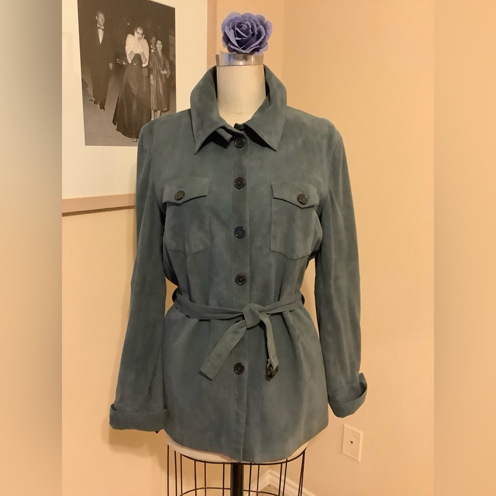 Faconnable Teal Suede Button-Front Belted Jacket